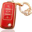 OLLEN TPU Key Fob Cover with Bling Ring, Fit for Volkswagen VW Jetta Golf Polo MK6 Passat Tiguan Beetle Polo MK7 Passat Cross Gran Sagitar Santana Bora Skoda, Soft Remote TPU Key Case, 3 Button, Red