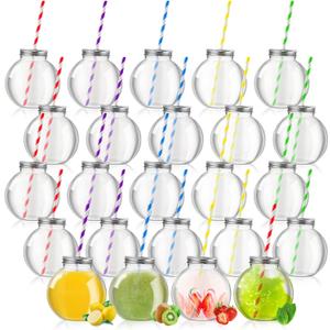 Yaomiao 24 Pcs 10 oz Mini Plastic Fish Bowl Ornament Cups for Drinks Clear Spherical Potion Bottles with Lids and Straws Bulb Cups for Christmas Carnival Candy Party Decorations (Multicolor)