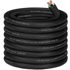 6/3 6 Gauge SOOW Electric Wire 6 AWG 6/3 Portable Power Cable 600V 3 Conductor 6 Gauge SOOW Extension Cord for Portable Light,Welder,Generator,NEMA 14-50 RV Outlet Box,EV Car Battery Charger-50ft