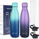 Insulated Water Bottle, 2 Pack-17oz Stainless Steel Water Bottles with straw lid, Metal Sports Water Bottles for Boys,Girls, Double Wall Vacuum BPA-Free Flask for School (Purple-Ocean Dream)