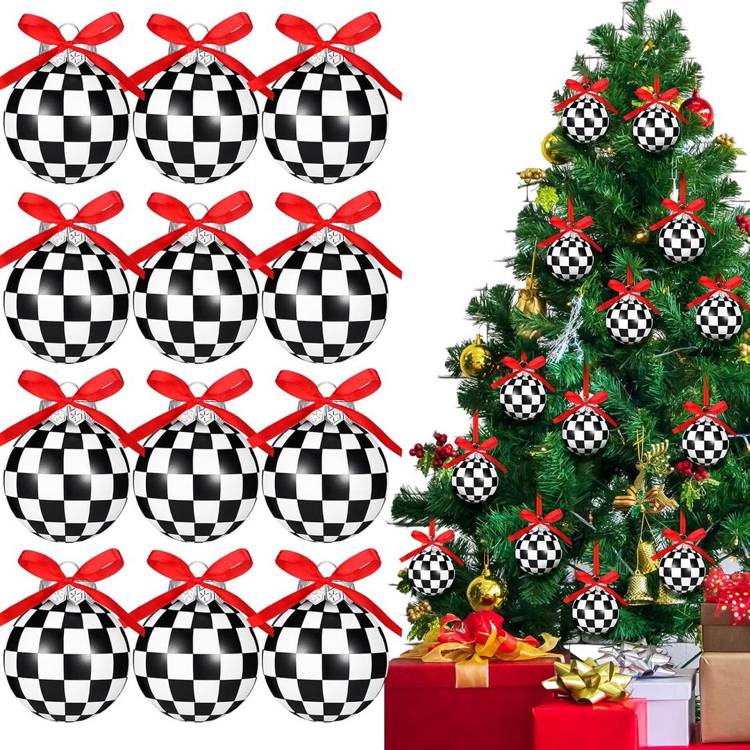 Chuangdi 12 Pcs Christmas Ball Ornaments for Tree Balck and White Checkered Decorations Modern Striped Swirl Polka Dots Hanging Ball 2.36'' Plastic Balls for Holiday Decor
