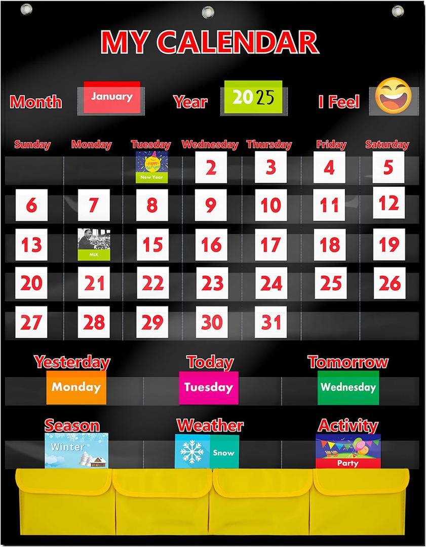 Black Calendar and Weather Pocket Chart with 148 Cards,(108 Illustrated Activity Cards, 40 Dry Erasable Flash Cards and 3 Hooks 28"x35.5")