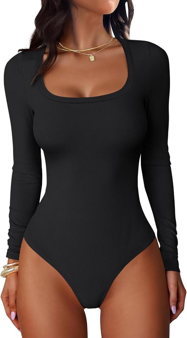 ANRABESS Women Scoop Neck Bodysuits Long Sleeve Tops 2025 Fall Slim Fit Ribbed Knit Sexy Soft Basic Shirts Fashion Outfits (Small, Black)