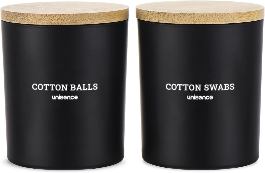 Glass Qtip Holder 2 Pack , Qtip Holder Dispenser Bathroom Set Bathroom Organizers and Storage Q tip Holder with Lid Makeup Storage Organizer for Cotton Swabs,Cotton Balls,Pads,Floss Picks ,Black