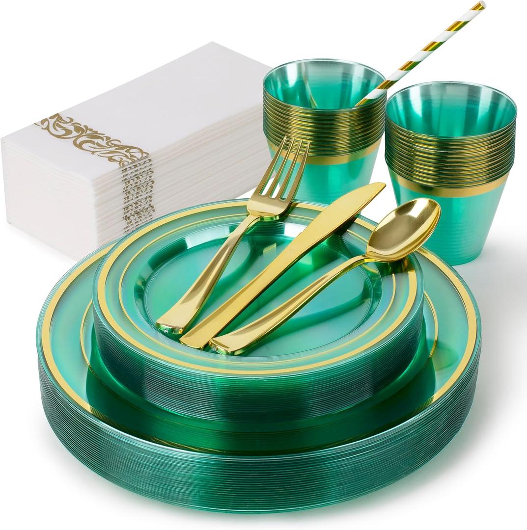 200PCS Green Plastic Plates for 25 Guests, Disposable Plates with Gold Rim, Includes 50 Dinner Plates, 75 Gold Silverware, 25 Cups, 25 Napkins, 25 Straws Wedding, St. Patrick's Day, Easter