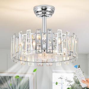 Modern Chrome Caged Ceiling Fan with Light for Bedroom Crystal Ceiling Light Fixture with Fan Bladeless Crystal Chandelier with Fan 18" Fandelier for Kitchen Hallway Dining Room