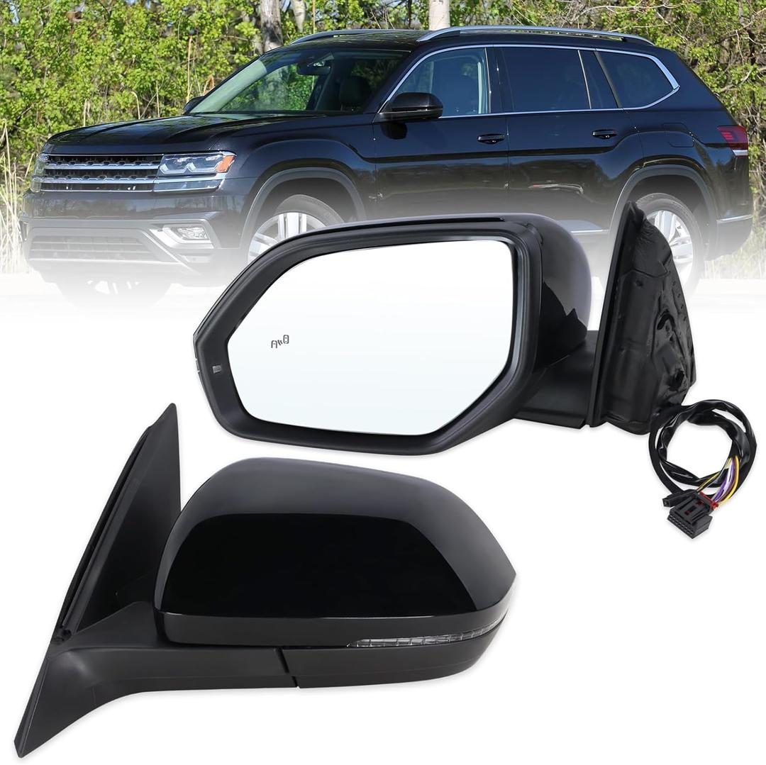 Left Driver Side Mirror Compatible With 2018-2026 VW Atlas With Manual Folding Power Glass Heated Turn Signal Blind Spot Black Replace#3CN857507AG9B9-PFM(6+2Pins)