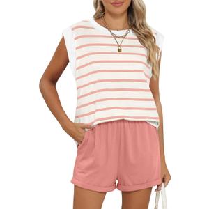 RUBZOOF 2 Piece Outfits for Women Lightweight Matching Lounge Sets Cap Sleeve Top and Elastic Waisted Shorts (Large, B-pink Stripe)