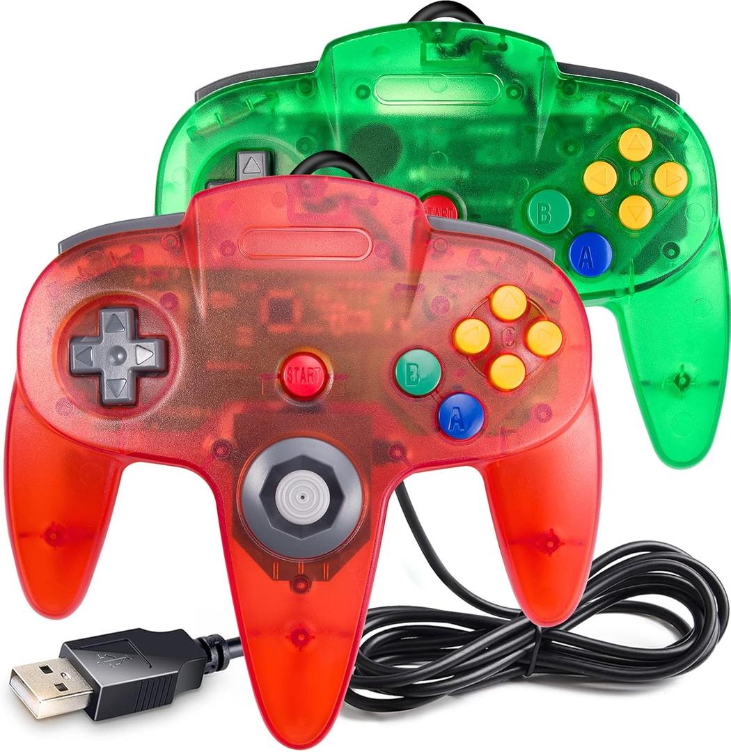 2 Pack Classic N64 Controller, suily N64 Wired USB PC Game pad Joystick, N64 Bit USB Wired Game Stick Joy pad Controller for Windows PC MAC Linux Raspberry Pi 3 Sega Genesis (Clear Green/Clear Red)