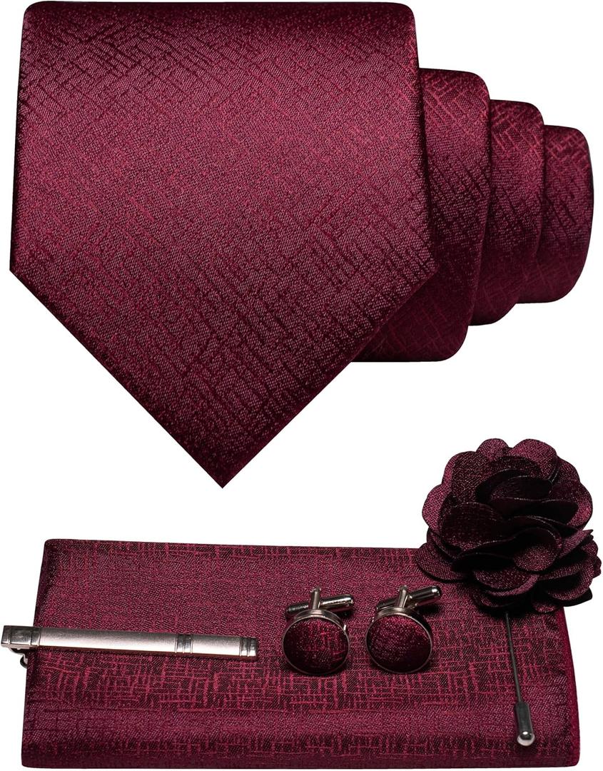 Mens Tie and Pocket Square,Lapel Pin,Cufflinks,Tie Clip Sets with Gift Box 5PCS (Burgundy)
