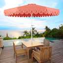 JONATHAN Y UMB1002F Tracy 9 ft. Classic MidCentury Scalloped Fringe Market Patio Umbrella with Auto-Tilt Crank, Wind Vent and UV Protection in Coral Red/White, White Pole, 107 inches diameter and 99 inches height