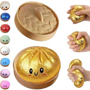 Glitter Dumpling Squishy,Dumpling Squishies,Glitter Dumpling Mystery Box,Colorful Dumpling Stress Balls Fidget,Jumbo Squishy Toy with Steamer Box,Soft Squeeze Decompression Dough (Glitter Gold)