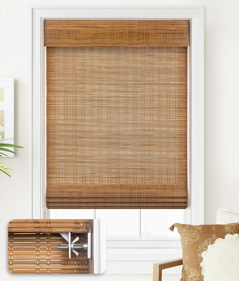 LazBlinds No Tools No Drill Cordless Bamboo Roman Shades, Light Filtering Window Treatment, Roll Up Bamboo Blinds for Window 31'' W x 64'' H, Ceylon Light Russet