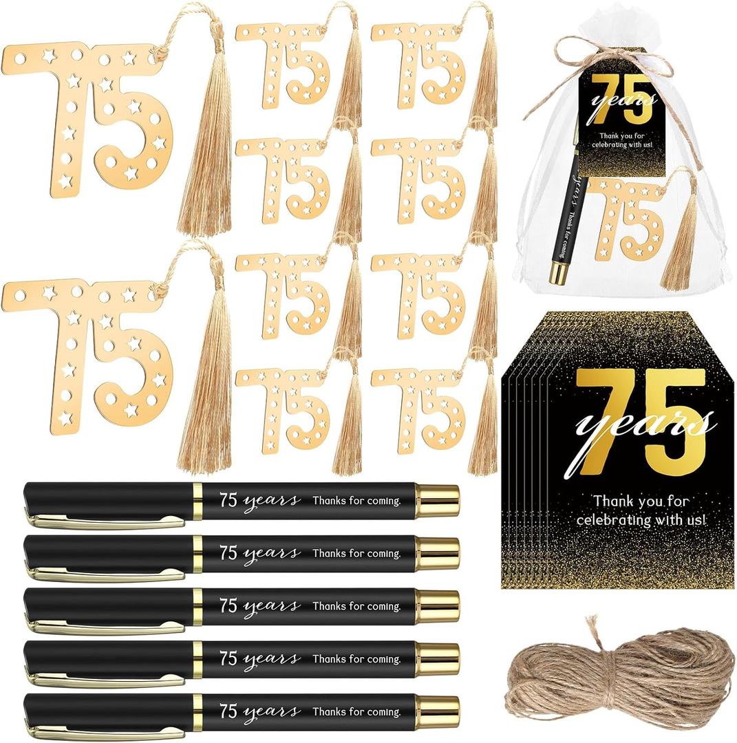 Spakon 25 Set 75th Birthday Party Favor for Guest Anniversary Party Favor Golden Birthday Bookmark Thanks for Coming Pen with Tag Appreciation Gifts for Women Men Wedding New Year