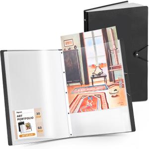 JoyCat Art Portfolio Fits 18x24 Inch, 30 Pockets Art Folder with Clear View Pages, 60 Sheets Presentation Binder for Diamond Art Painting, Artist Portfolios for Artwork Storage (Black)
