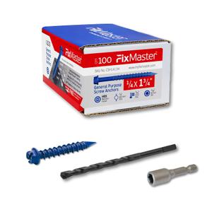 1/4 x 1-3/4 Hex Head Blue Concrete Screw Anchors (100 pcs Screw Kit) with one Screwdriver and Drill Bit for Concrete, Masonry, Block, Brick and Wood Fastening