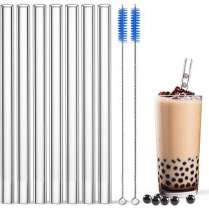 Borosilicate Glass Boba Straws Clear 10 inch 14mm - Reusable Extra Wide glass straws shatter resistant for drinking Bubble Tea & Smoothies, jumbo, BPA Free, Eco-Friendly with 2 Cleaner Brushes