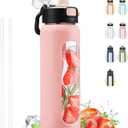 Kodrine Water Bottle With Straw and Carry Handle, Glass Water Bottle 24 oz Leak Proof Locking Lid with Soft Silicone Spout, Reusable Drinking Cups for Travel Sports with Time Marker,Pink