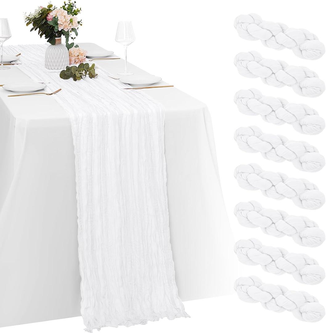 8 Pack White Cheesecloth Table Runners 20x120 Inch Gauze Table Runner Cheese Cloth 10FT White Table Runner Rustic Sheer Runner for Wedding Birthday Party Baby Shower Table Decor