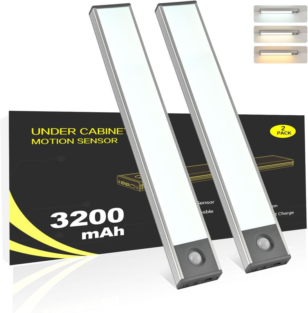 Under Cabinet Lighting, 3200mAh Motion Sensor Light Indoor, 3 Color Temp, Rechargeable Battery Operated LED Closet Lights, Wireless Under Counter Lights for Kitchen Stair (8 Inch, 2 Pack) x 2