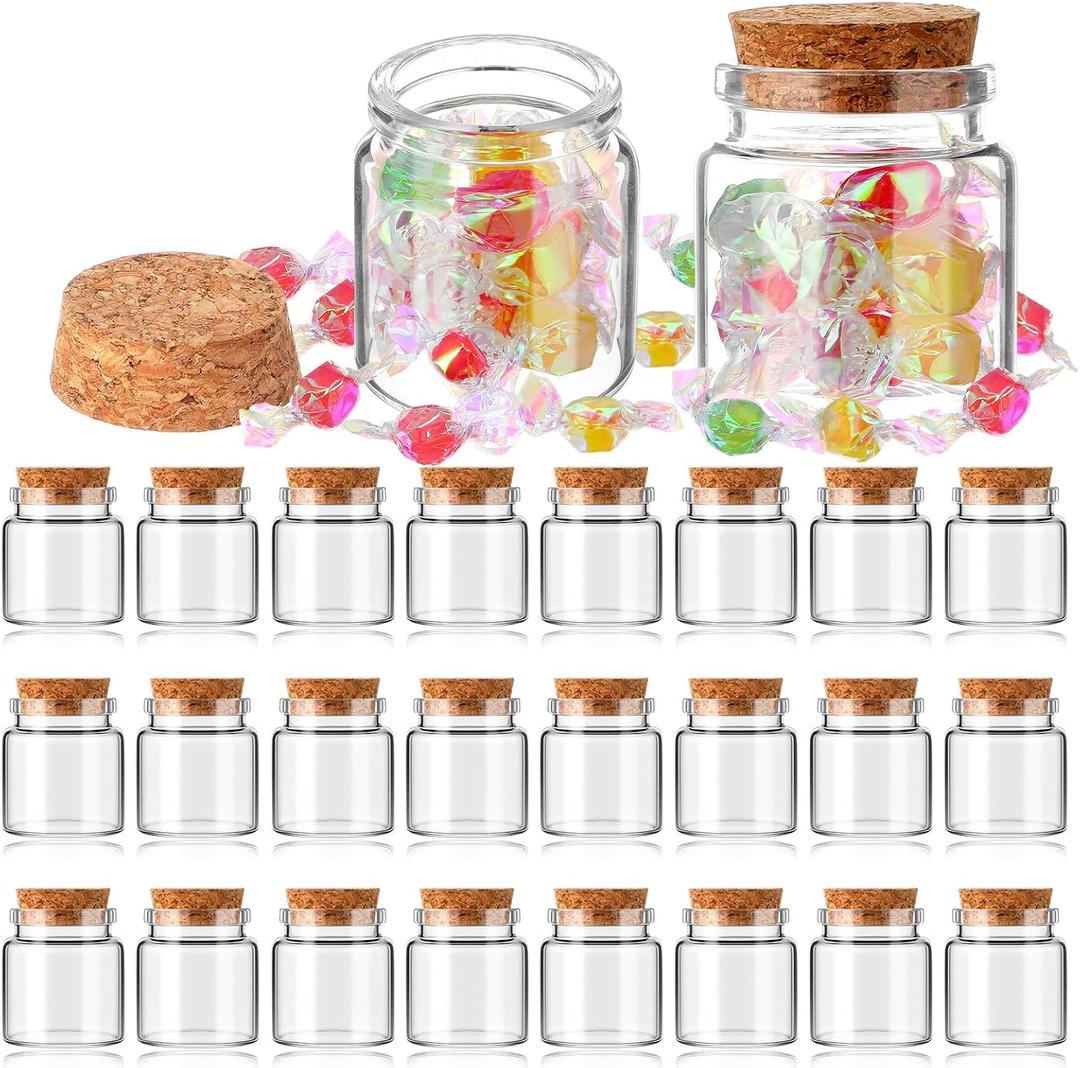 24 Pcs 50ml Mini Glass Bottles, Small Jars with Wood Cork Stoppers, Message Bottles for DIY Art Crafts Gift Valentine Wedding Birthday Party Favors Decorations
