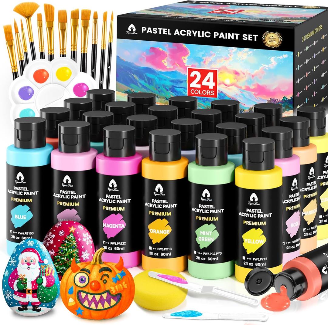 40 Pcs Pastel Acrylic Paint Set with 12 Brushes, 2 Knives & Palette, 24 Colors (2oz/60ml) - for Adults, Kids, Artists & Beginners - Canvas Ceramic Rock Wood Egg Painting Kit