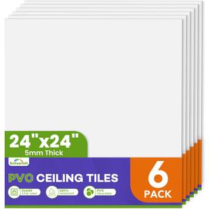 6Pcs 2ft x 2ft PVC Drop Ceiling Tiles, White Smooth Ceiling Panels 24x24in, Moisture Proof Fire-Rated Easy to Clean Reusable, No Sag No Breakage
