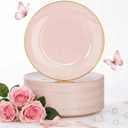 Nervure 100PCS Pink and Gold Plastic Plates - 10.25 inch Pink Disposable Plates with Gold Rim - Party Plate - Dinner Plate Ideal for Wedding & Party & Mothers Day