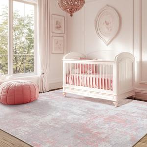 Washable Area Rugs 6'x9' Non-Slip Modern Abstract Soft for Living Room Entryway Bedroom Nursery, Print Pattern, Grey Pink