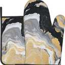 Oven Mitt and Pot Holders Sets - Marble Kitchen Mitts Decorative Marbling Oven Gloves Stones Hot Pads Set of 2 for Cooking BBQ Baking Grilling (Black White Yellow Marble)