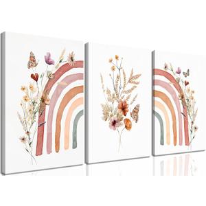 AKWISH Boho Rainbow Wall Art for Girls Room - Set of 3 Framed Wildflower Canvas Prints for Nursery, Baby Girl Room, Kids or Dorm Decor - Soft Pastel Botanical Bohemian Wall Decor 16x24in