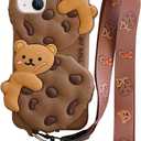 Yatchen Bear Case for iPhone 16,Cute Cookie Bear Kawaii Phone Cases 3D Cartoon Cover with Keychain Strap Lanyard Funny Women Girls Soft Silicone Protector for iPhone 16
