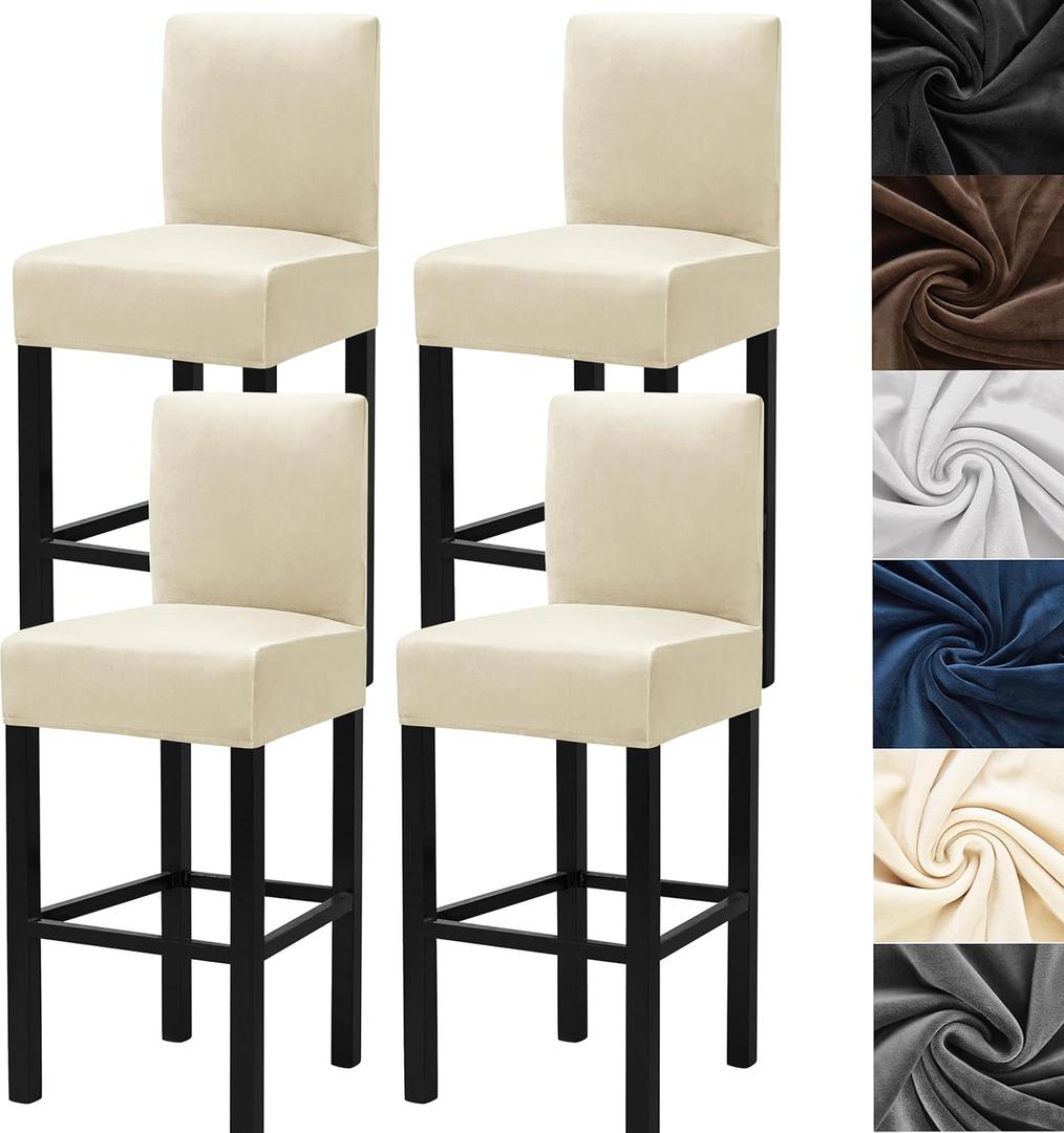 HFCNMY Bar Stool Covers,4 Pack Stretch Bar Stool Covers with Backs Velvet Bar Stool Covers Barstool Seat Cover Washable Bar Chair Covers High Chair Cover with Elastic Bands Beige