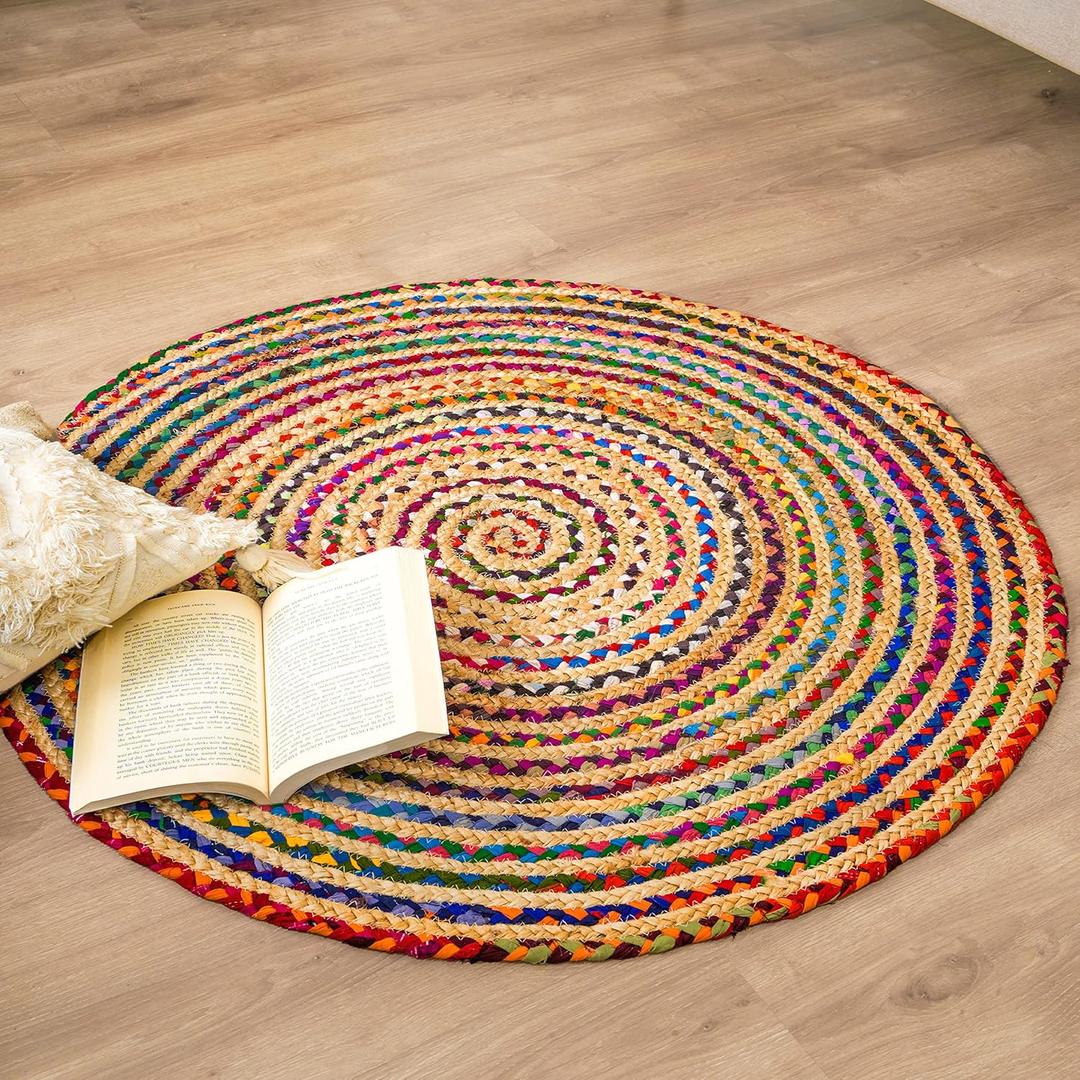RAJRANG Multicolor Chindi Jute Area Rug Round 3 ft Reversible Rustic Braided Natural Rag Rugs for Living Room Farmhouse Bedroom Home Dcor (3' (Round))
