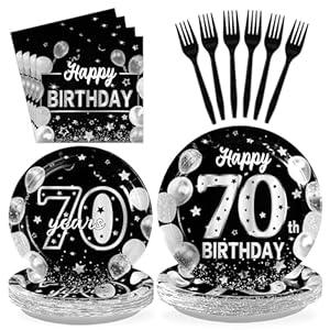 Grencian 96 Pcs 70th Birthday Supplies Silver Black 70th Birthday Party Plates Disposable Sweet 70 Seventy Years Old Decorations Paper Tableware for Men Party Supplies Serves 24