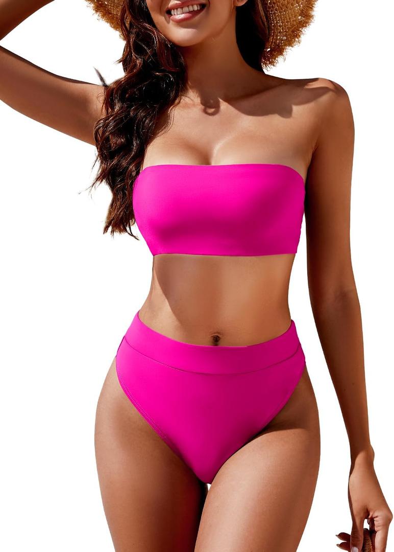 Women's High Waisted Bikini Swimsuit Two Piece Strapless Bandeau Cheeky Bathing Suits (Medium)
