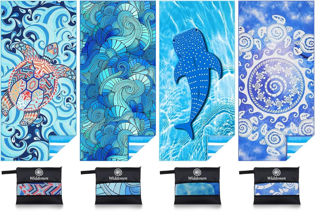Microfiber Lightweight Beach Towel Sand Free Quick Dry Absorbent Thin Compact Towels for Swimming Pool Camping Beach Accessories Large Easy Pack Travel Things for Vacation Essentials Gift Adult (32x71 inch, 4 Pack Turtle Green World Whale Mandala)
