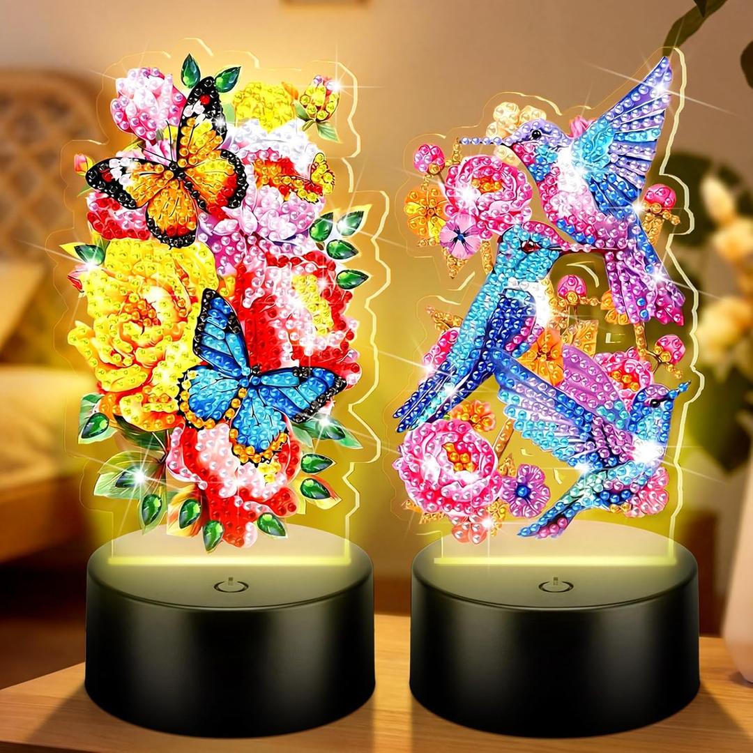 VIHOSE 2 Pcs Diamond Painting Night Light Diamond Art Painting Kits for Adults DIY Desktop Ornaments for Table Tabletop Decor Beginner Touch Lamp for Bedrooms Living Room