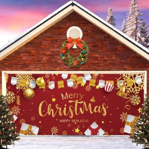 7 x 16 ft Christmas Garage Door Cover, Garage Door Christmas Decorations,Merry Christmas Garage Door Banner, Garage Outdoor Door Mural (Red)