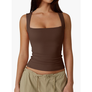 QINSEN Women's Square Neck Sleeveless Double-Layer Tank Tops Basic Tight T Shirts Medium