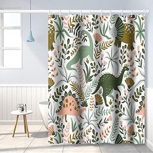 Umpoo Dinosaur Themed Bathroom Shower Curtain - Green Dino Tropical Leaves With Hooks, Waterproof Fabric Polyester for Kids Baby Bathtub Decorative, 48x72 Inch