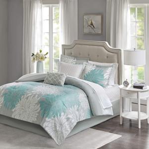 Madison Park Essentials Maible Cozy Bed in A Bag Comforter with Complete Cotton Sheet Set-Floral Medallion Damask Design All Season Cover, Decorative Pillow, Twin (68 in x 86 in), Floral Aqua 7 Piece