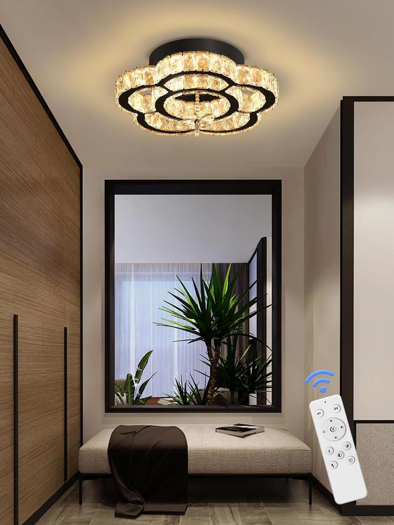 Flashing God W16'' Mini Chandelier Flush Mount Chandelier for Hallway, Crystal Ceiling Chandeliers for Dining Room, Bedroom, Living Room, Entryway,Kitchen (Black Crystal Ceiling Light Fixture)