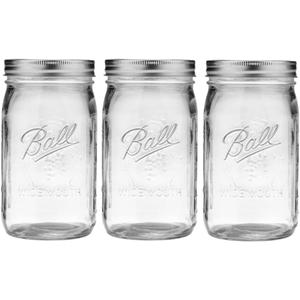 Ball Wide Mouth Glass Mason Jars with Lids and Bands, Used for Canning, Pickling, Juice, Jam, Jelly, Quart Size 32 Ounce (Pack of 3)