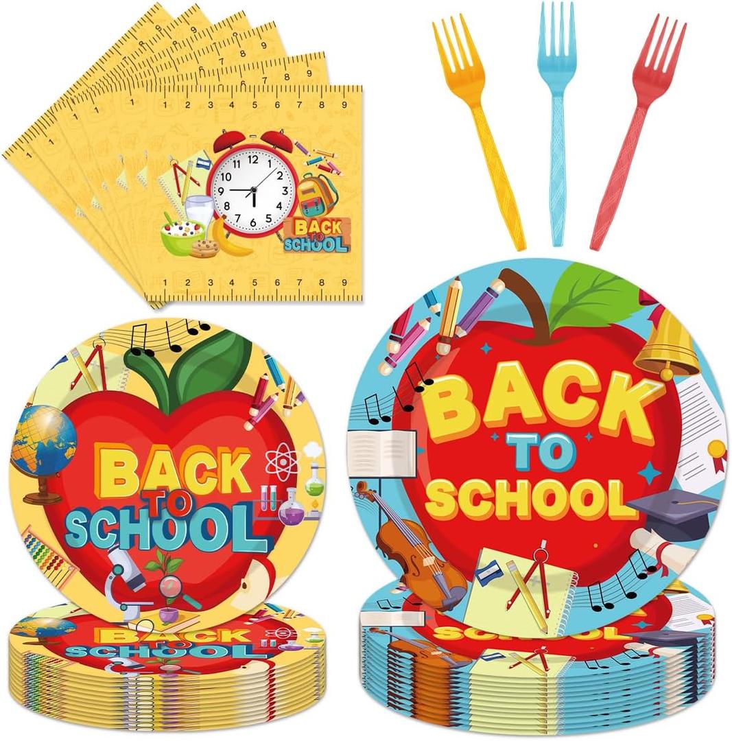 EUOYUFO 96 Pcs Back to School Decoration Disposable Tableware Set - Cartoon Back to School Apples Pencils Clock Paper Plates Napkins Forks First Day of School Theme Party Supplies Serve 24 Guests
