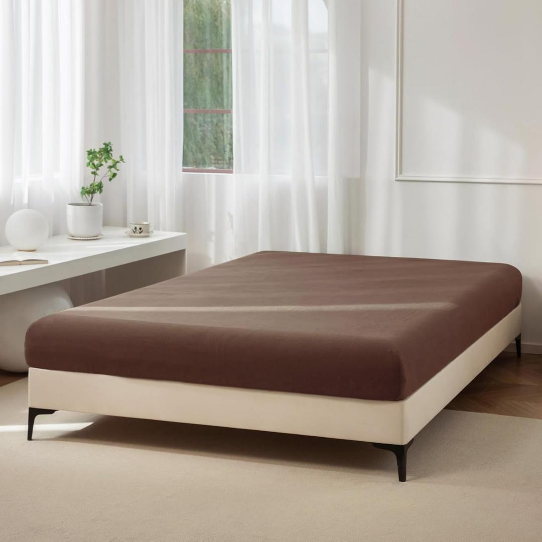 JIYUAN 100% Washed Cotton Fitted Sheet 1Piece, Deep Pocket Bottom Sheet Fits Mattress up to 17", Linen Like Comfy and Breathable for All Seasons, Twin Size, Chocolate Brown
