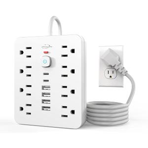JouleLoom Power Strip Surge Protector with 8 Outlets, 4 USB and 2 USB C Ports, 5 Ft Extension Cord, Flat Plug, Wall Mount, Overload Protection Desk USB Charging Station for Home, Office（White）