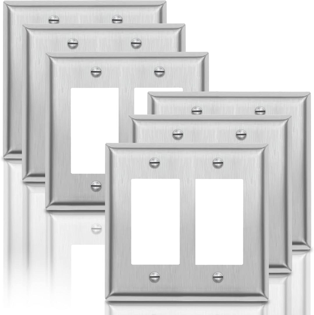 2-Gang Switch or Outlet Decorator Metal Wall Plate - Stainless Steel Switch Outlet Cover,Brushed Finish, Silver (6-PACK, Double Decorator)