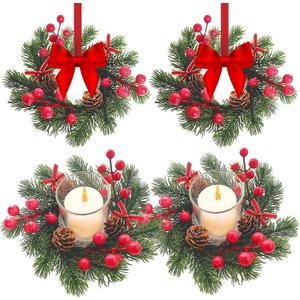 4PCS 8" Small Christmas Candle Rings Mini Wreaths for Cabinets with Red Berries Pinecones Pine Needles Xmas Decor for Pillars Front Door Window Christmas Table Centerpieces (No Red Ribbon)
