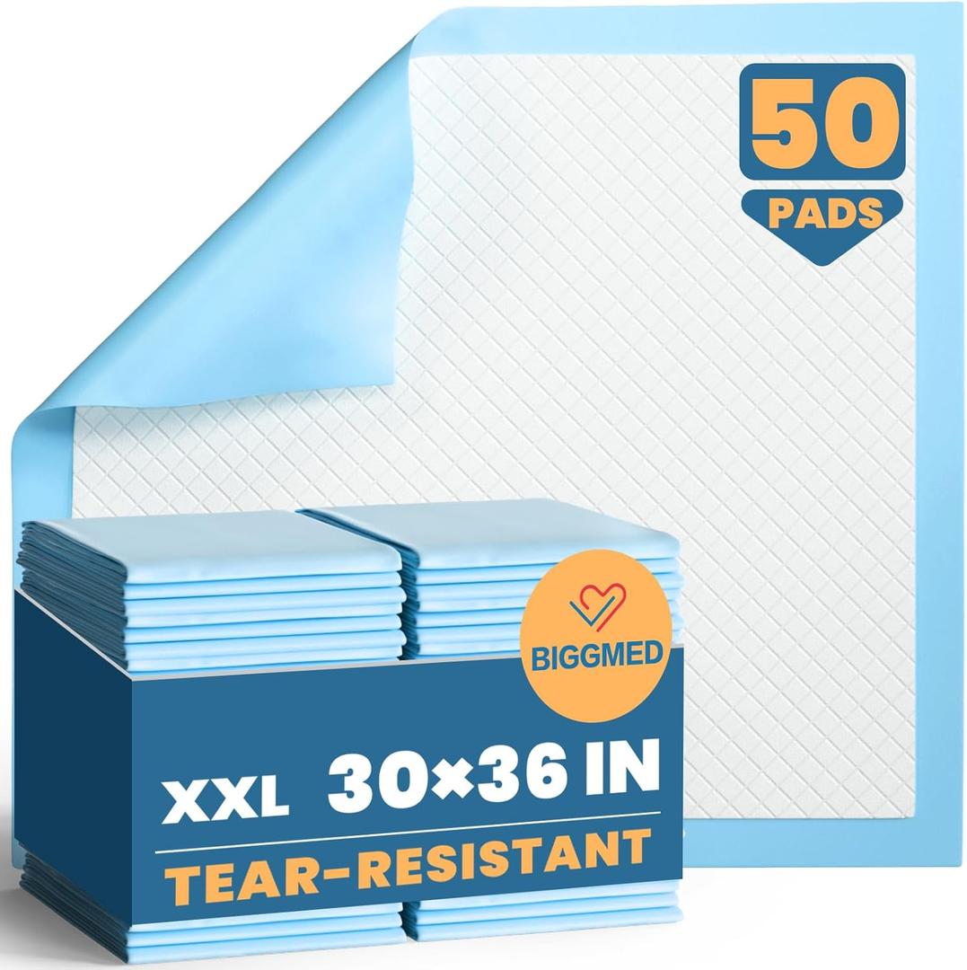 BIGGMED Tear-Resistant Bed Pads 50 Count Disposable Underpads 30" x 36" , Super Absorbent Chux, Thicker Extra Large Incontinence Bed Pads, Pee Pads for Adults, Kids, Elderly, Pets